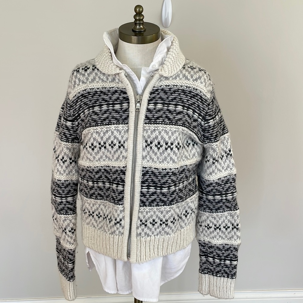 Gap wool fair isle cream and grey zip front cardigan size M